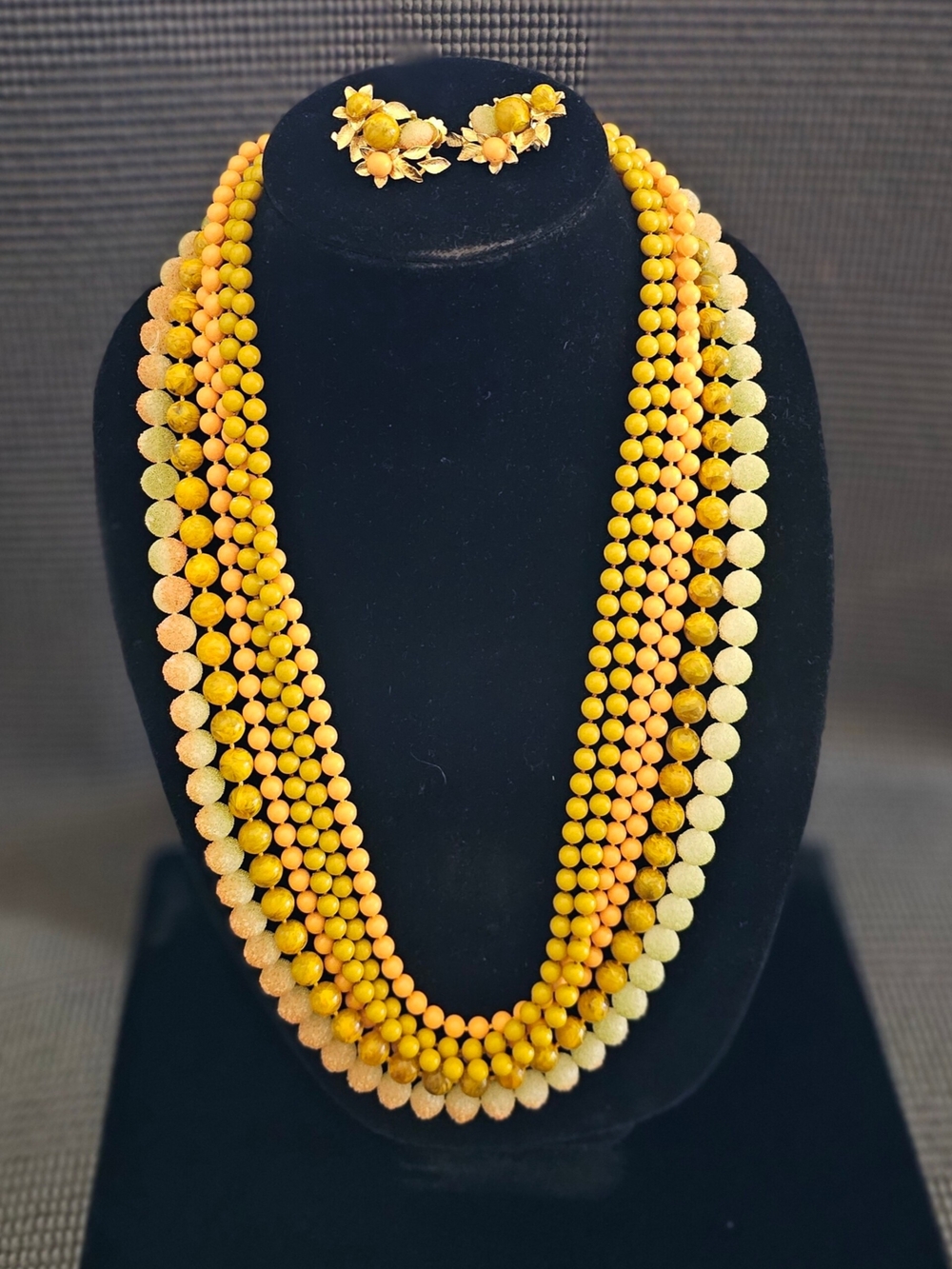 Estate 1970s Multi-Strand Necklace With Leaf Cluster Earrings Clip-On Vintage